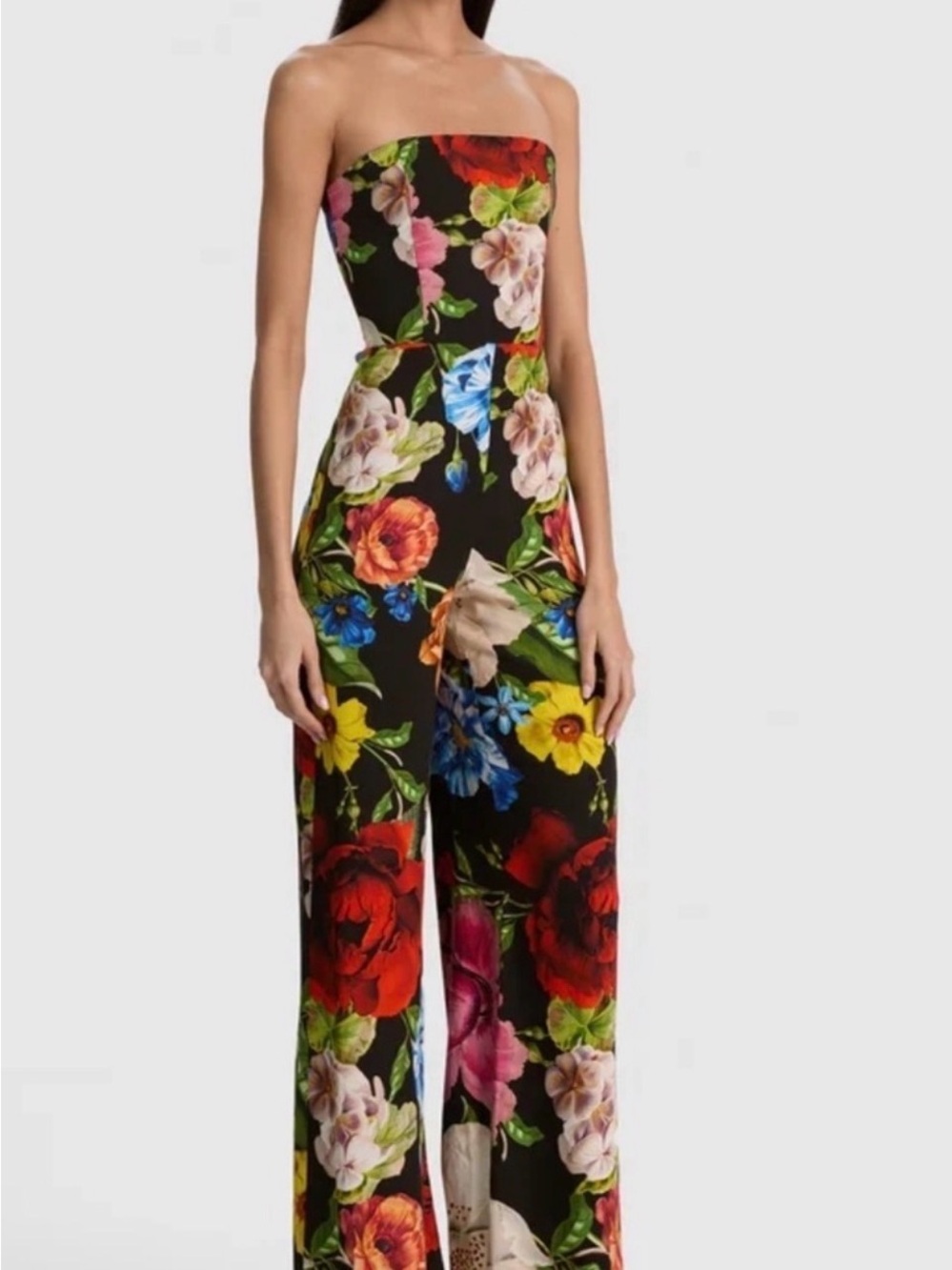 Alice + Olivia BEATRIZ STRAPLESS WIDE LEG JUMPSUIT - ENDLESS BLOSSOM LG BLACK - Picture 2 of 8